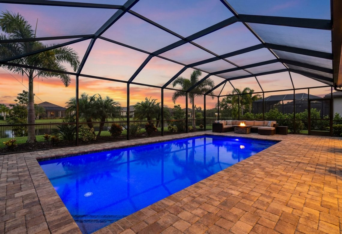 Pool at dusk with LED lighting
